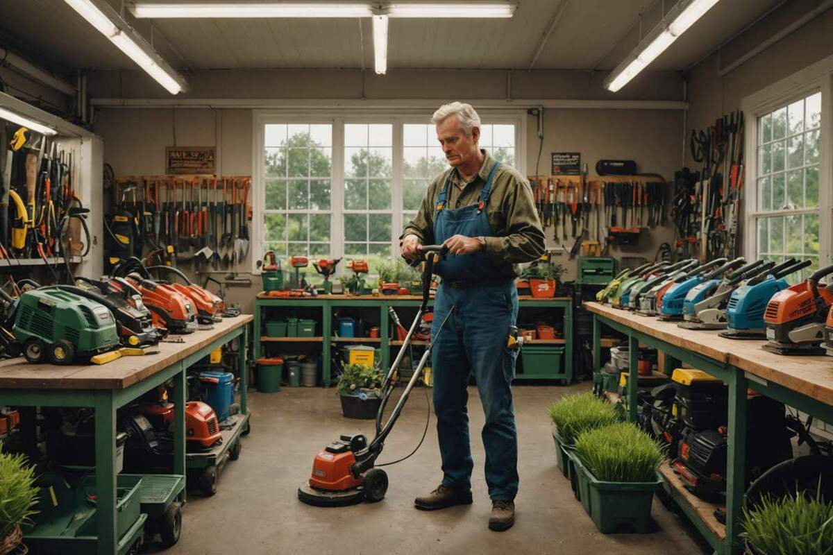 Jardinier achète une débroussailleuse professionnelle