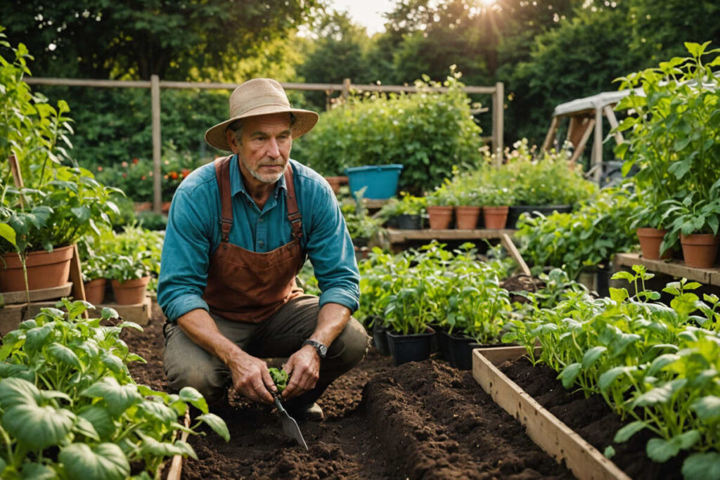 Jardinier réalise un drainage pour les pieds de tomates