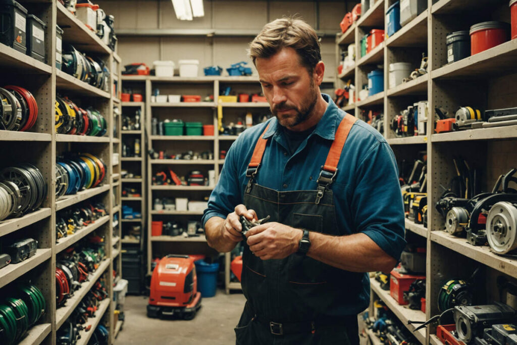 Jardinier entretien une débroussailleuse professionnelle