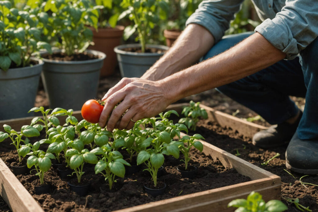 Jardinier plante des pieds de tomates pour cuisiner