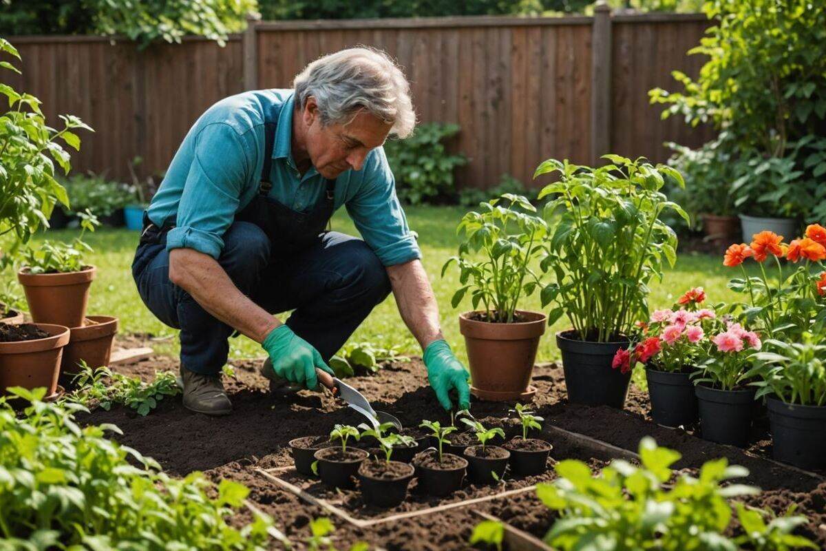 Jardinier plante des pieds de tomates