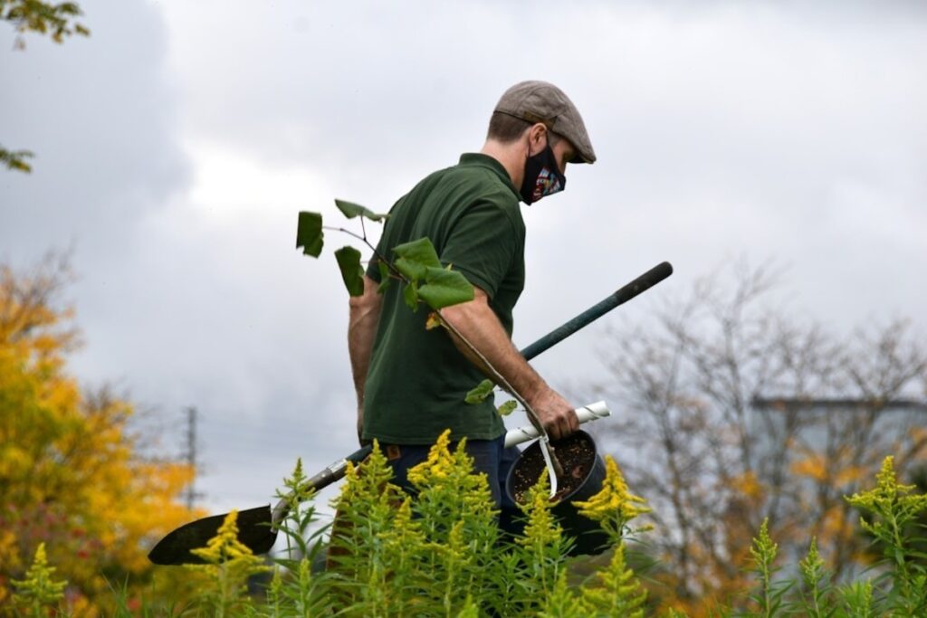 Jardinier tond l'herbe d'un jardin