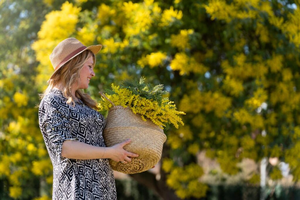 Une femme qui porte un panier avec des fleur de mimosa